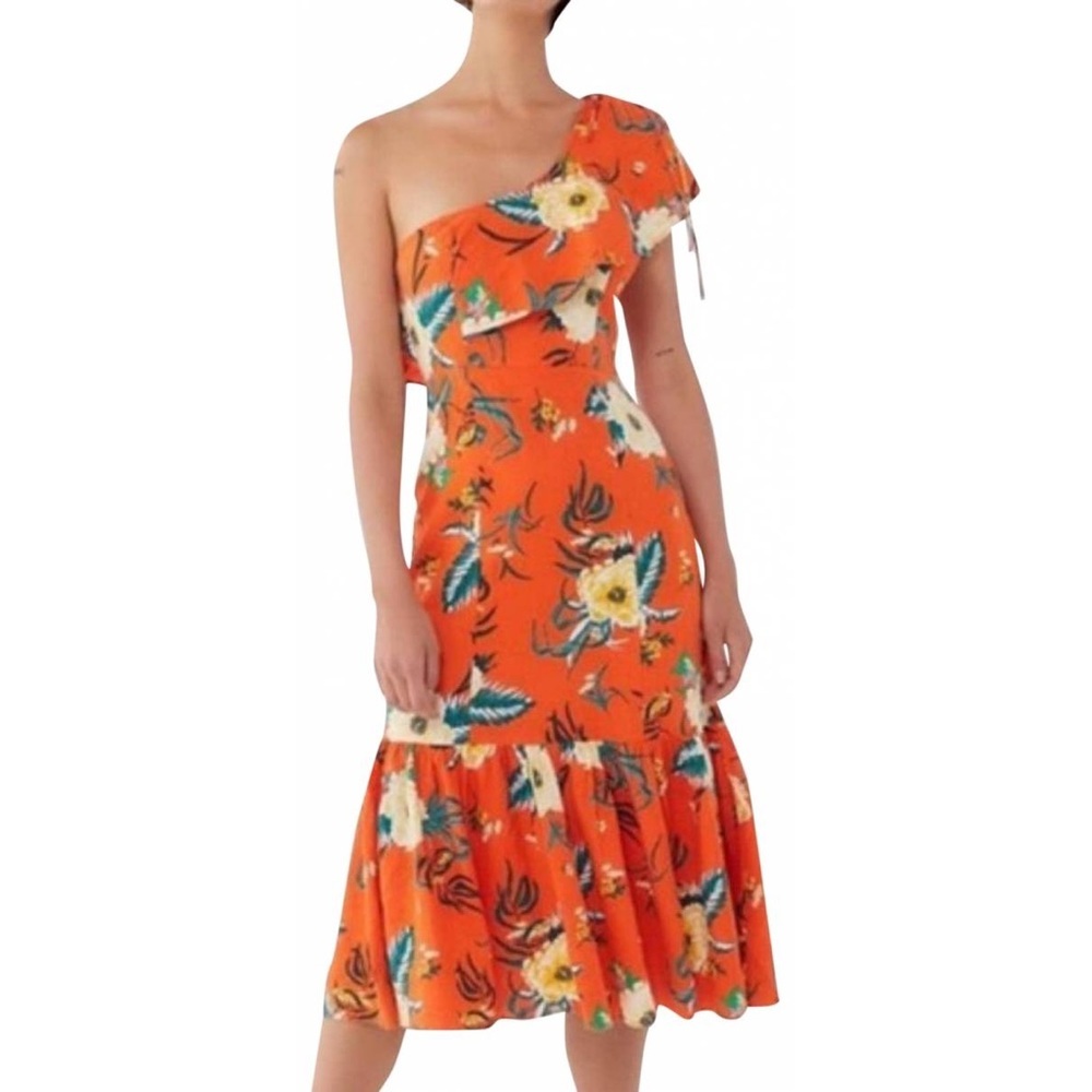 Urban Outfitter Orange one shoulder Linen Floral Maxi Dress Ruffle detail